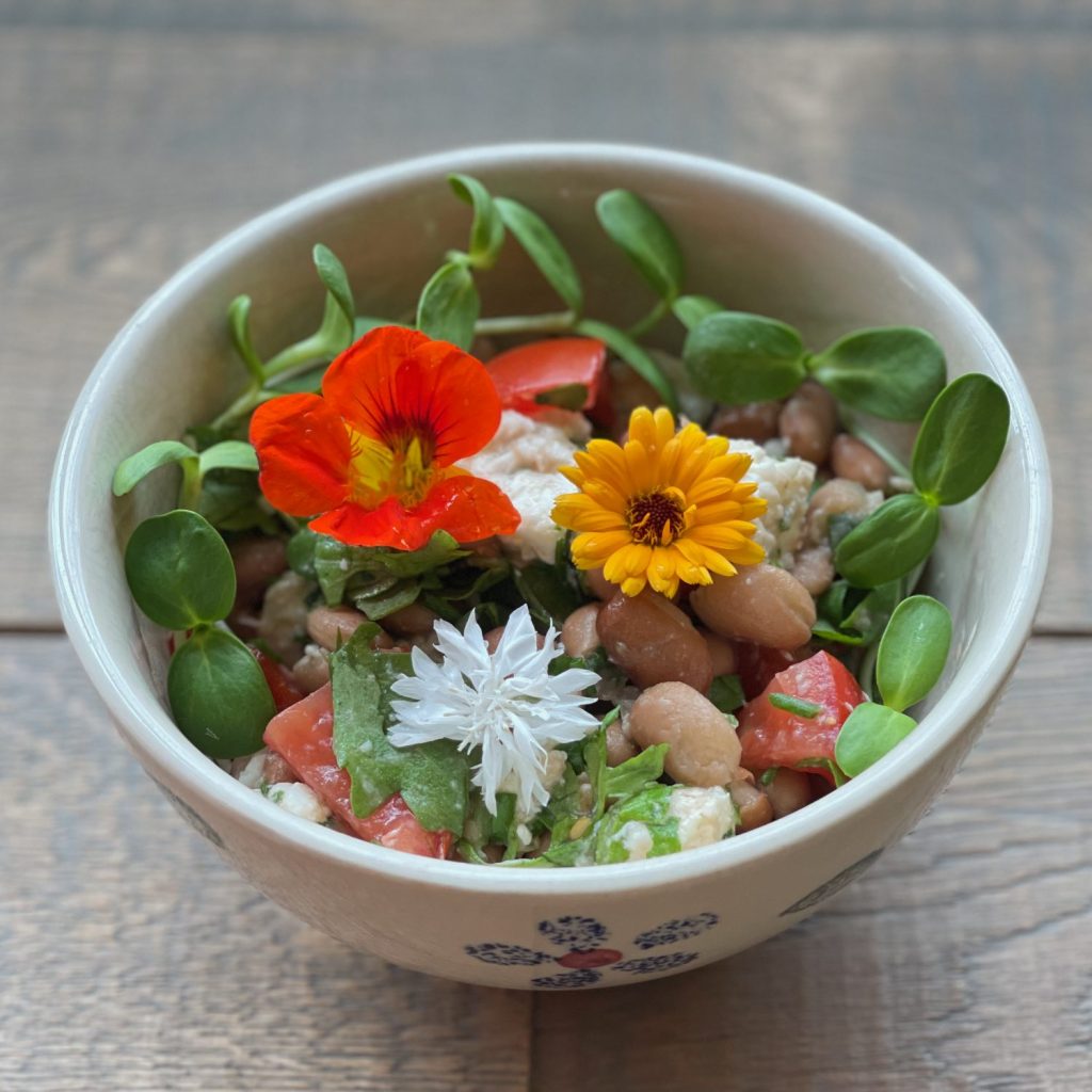 Eine mit bunten Essblüten und Microgreens dekorierte Bowl mit weißen Bohnen